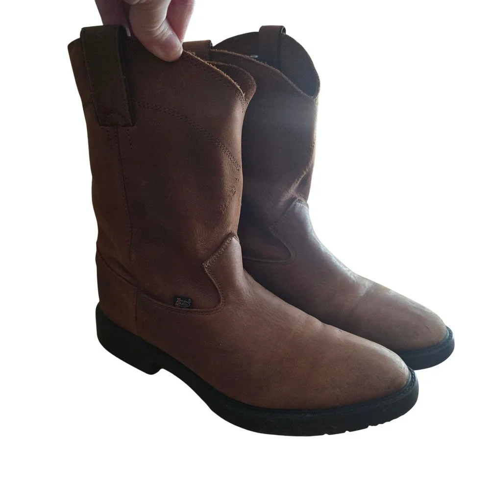 Justin Brands Brown Leather Roper Boots Kids Size 5.5D 4782Y Western Pull On